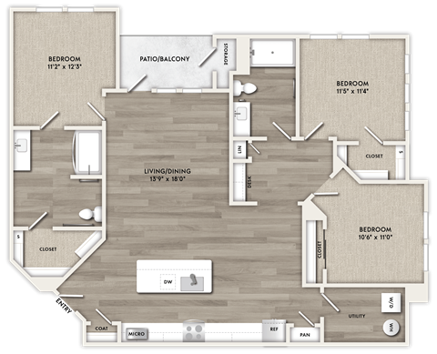 Floor plan for 3 beds, 2 baths, 1461 sqft